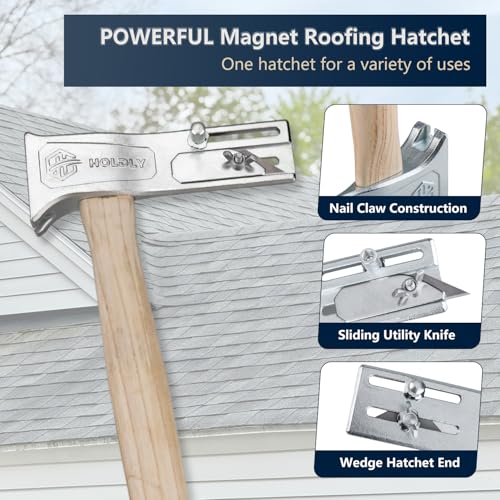 Magnetic Roofing Hammer with Sliding Gauge and Utility Knife,All-in-One Roof Repair Tool for Shingles, Felt Caps and Nails,Efficient Magnetic Hatchet for Professional and DIY Roofing