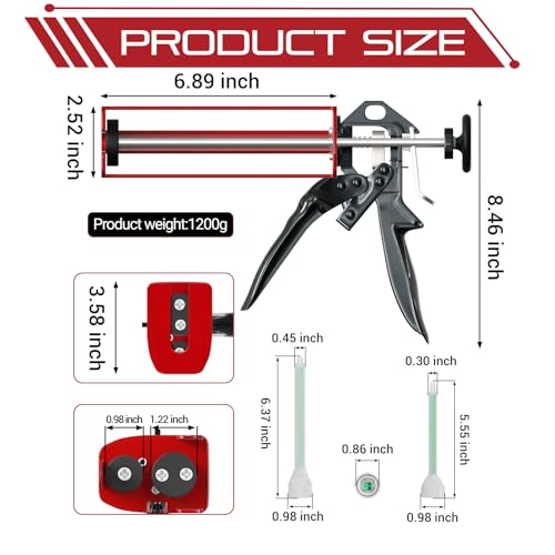 Dual Cartridge Epoxy Gun 200 ml 6.75 fl oz 08115 Panel Bonding Adhesive Gun Auto Body Repair Gun Two-part Epoxy Gun Seam Sealer 08308 Dual Cartridge Gun 1:1 & 2:1 Ratio, Red