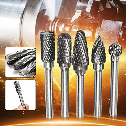5 Piece Carbide Burr Set, 6 mm Shank, 10 mm Burr, Rasp Set for Drill Polishing, Engraving, Drilling Tools et
