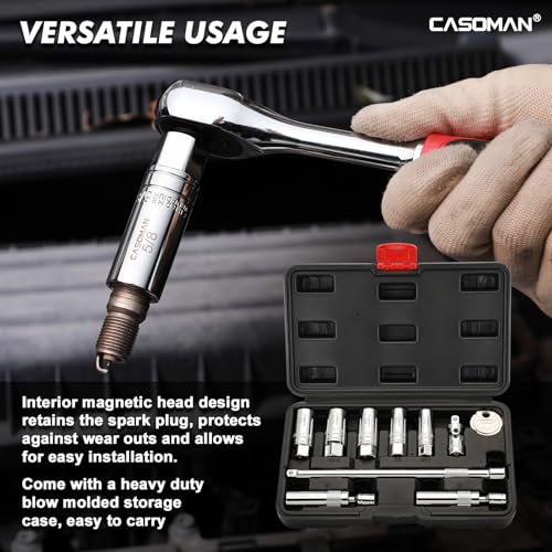 CASOMAN 10PCS 3/8"Drive Magnetic Spark Plug Socket Set, 6PT&12PT, Include Extension Bar, Universal Joint & Spark Plug Gapper, CR-V Steel 10-Piece Set with Accessory