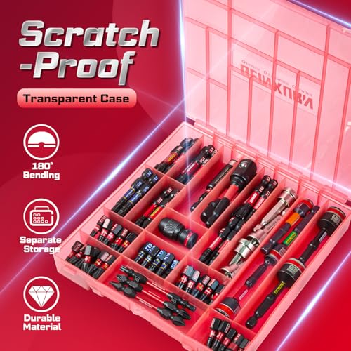 Geinxurn 98Pieces 1”/2” Impact Screwdriver Bits Set, Magnetic S2 Steel (Phillips/Slotted/Square/Torx/Hex/Security Torx) Driver Bits Tips,Impact Bit Holder and Nut Driver with Red Storage Box Case 1"/2"-98PCS Multi-bit Red