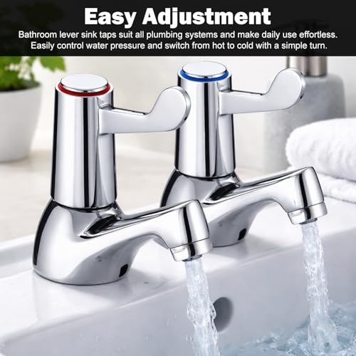 2PCS Hot & Cold Bathroom Basin Taps Chrome Plated Brass Sink Tap Pair with 1/2" BSP Thread, Quarter Turn Lever Handles & Ceramic Disc Valves Deck Mounted Taps for Bathroom & Kitchen Sink