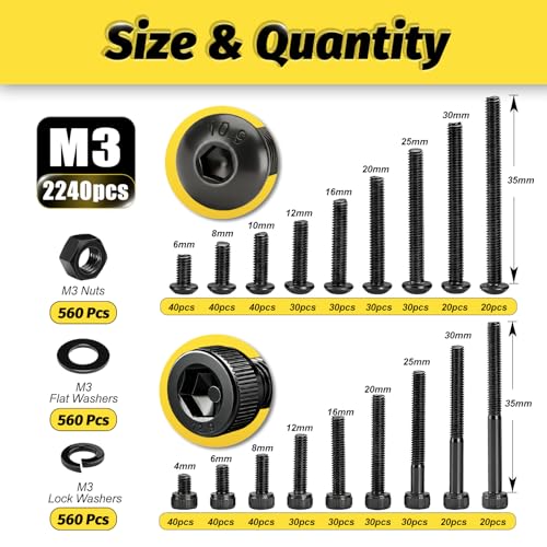 KADRICK 2240PCS M3 Screw Assortment,Hex Socket Button & Cap Head M3 Screws M3 2240Pcs 4-35mm