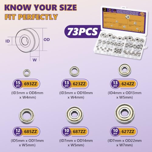 73Pcs Ball Bearings Kit, Carbon Steel, 6 Sizes 693ZZ-627ZZ for 3D Printers