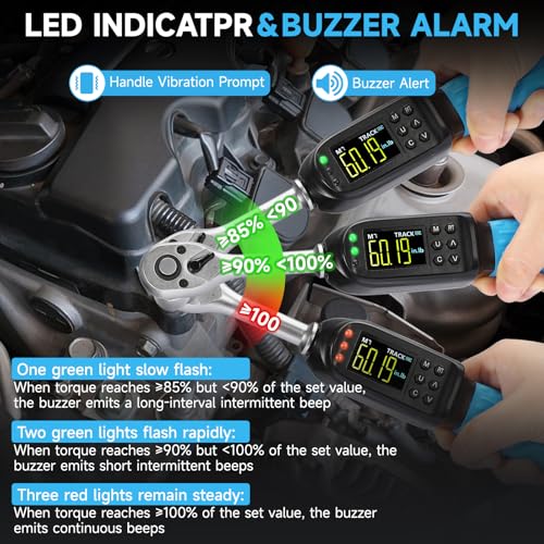 DISEN 3/8 inch Digital Torque Wrench (5-135 N.m / 3.7-99.6 Ft.lb), ±2% Accuracy, 8 Presets & 500 Data Memory, 5 Units, LED & Buzzer Alert, Tracking/Peak Modes, for Automotive Motorcycle Bicycle DIY