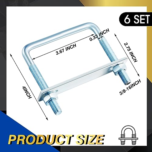 Zonon 6 Pcs 3/8'' x 3-5/8'' W x 4'' L Square U Bolts, Zinc Plated 3/8" x 3-5/8" x 4"