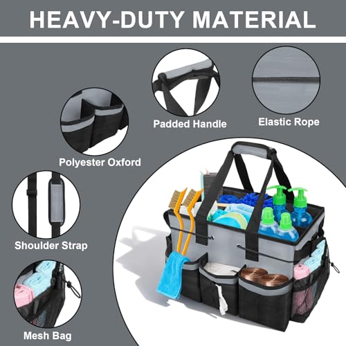 ALSLEA Large Cleaning Caddy Bag 15" x 10½" x 9" Heavy-Duty Organizer Tote for Home, Housekeepers, Janitors Cleaning Caddy for Cleaning Supplies with Shoulder Strap & Multiple Pockets (Gray) Gray