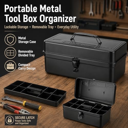 Portable Small Metal Tool Box & Parts Organizer – 14.2" x 6.8" x 6.5" Lockable Storage Case with Removable Plastic Dividers, for Craft Supplies, Garage Hardware, Screws, Home Projects – Black