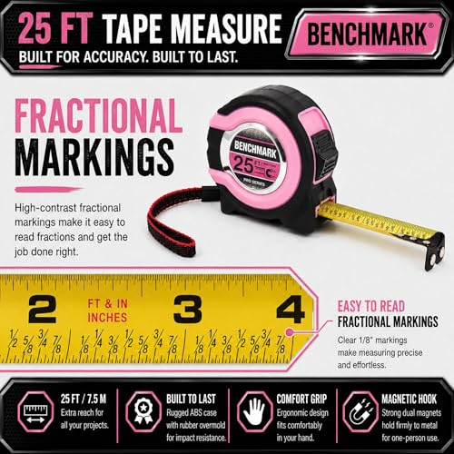 Benchmark - Pink - 3 Pack - 25 ft Tape Measures - Easy to Read Fractions to 1/8th inch - Magnetic Tip - Thumb and Quick Lock - Autowind - Belt Clip