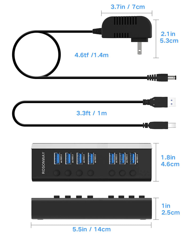 USB Hub 3.0 Powered Rosonway Aluminum 7 Ports USB 3.0 Data Hub Splitter with 24W (12V/2A) Power Adapter and Individual On/Off Switches USB Port Expander for PC and Laptop (RSH-A37S) 7-Port Powered USB 3.0 Hub