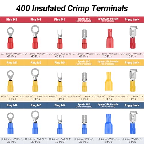 Preciva Crimping Tool Kit for Insulated Wire Connectors, AWG20-10 Ratcheting Wire Terminal Crimper with 400Pcs Insulated Connectors RC50400