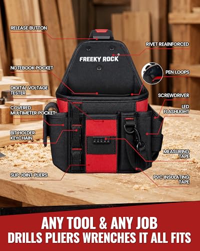 Electrician Tool Pouch with Quick Detach Belt Clip, Heavy Duty Tool Belt Pouches with Notebook Pocket, Tape Measure Holder & Screwdriver Loops for Carpenter, Contractor, HVAC Tech & DIY Large Pouch with Belt