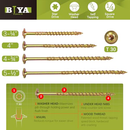 Structural Lag Screws 1/4" x 3-1/4" 100PCS Heavy Duty Wood Screws Yellow 1/4" x 3-1/4" - 100 SCREW COUNT
