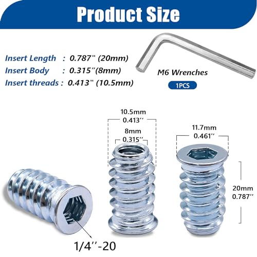Taiss 30 Sets 1/4"-20 Threaded Inserts for Wood Furniture Screw Assortment+40PCS 1/4"-20 Threaded Inserts for Wood