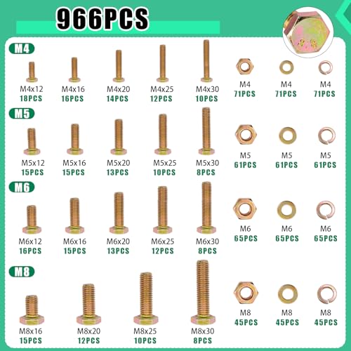 Twidec/966PCS Grade 8.8 Hex Head Bolts and Nuts Assortment Kit,Metric Bolt Assortment, M4/M5/M6/M8(12-30mm)