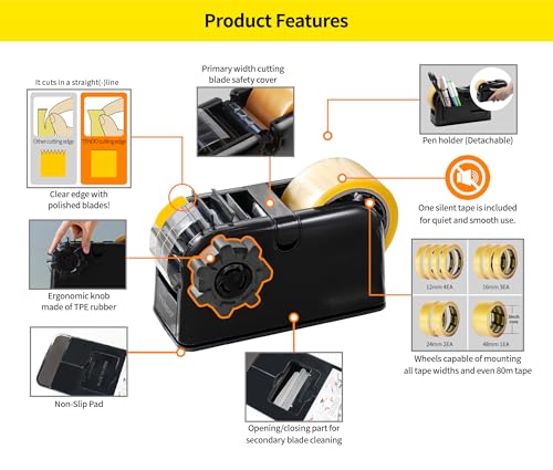 [TENDO°] TENDO Multi-Section Tape Dispenser, Custom Width Tape Cutter with 4 Cutting Sections, Built-in Safety Blade, Ergonomic Grip for Packing and Office Use, ZO-508(Black) Black