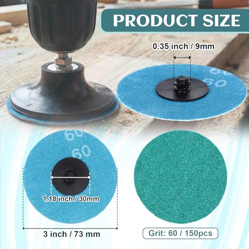 Newwiee 150 Pcs 3 Inch Sanding Discs 60 Grit, Quick Change Zirconia Discs
