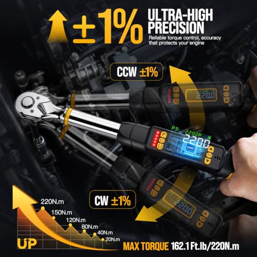 SOARFLY 3/8 Digital Torque Wrench Set 220Nm/162Ft-lb for Auto 1/2 1/4 Drive Black-220nm/162ft-lb