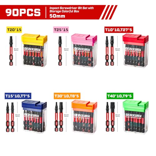 Geinxurn 90 Pieces Torx Impact Screwdriver Bits Set with Colorful Boxes, 2" Magnetic T7-T40 S2 Steel Multi Driver Bits with Box 2"-90PCS