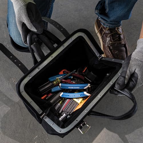 Klein Tools 510212BLK Heavy Duty Black Canvas Tool Bag, Tool Tote, Multi-Purpose Bag with Wide Hinged Opening and Leather Handles, 12-Inch