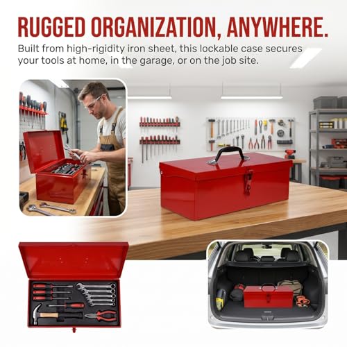DOITOOL Red Metal Tool Box Iron Sheet Tool Box Metal Toolbox Red Tool Storage Case Lockable, Multi-function Tool Organizer, 15.3X6.2X5.1inch