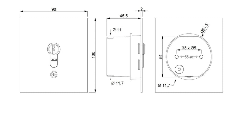 Key Button Flush-Mounted geba 2-Sided Touch Button US 1-2T/1 121.1301.1A, incl. DIN Profile Half Cylinder and 3 Keys Burglary Resistant (European Patented System), Grey/Anodized Aluminum