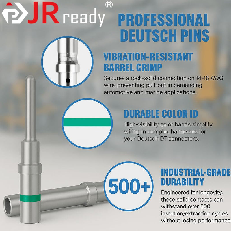 JRready 90 Pairs/180PCS Deutsch Connector Pins and Sockets Solid Contacts Size 16 - Male/Female Pins 0460-215-16141/0462-209-16141, DT Connector Terminals Wire Size 14-20AWG ST6281 Size 16 - 90 Pairs Green Stripes Solid Contacts