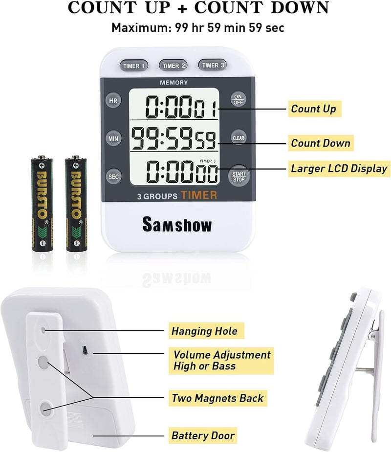 Samshow (2 Pack) Digital Kitchen Timers for Cooking Triple Timer Count UP/Down Dual Timer Large LCD Display, White 382*2