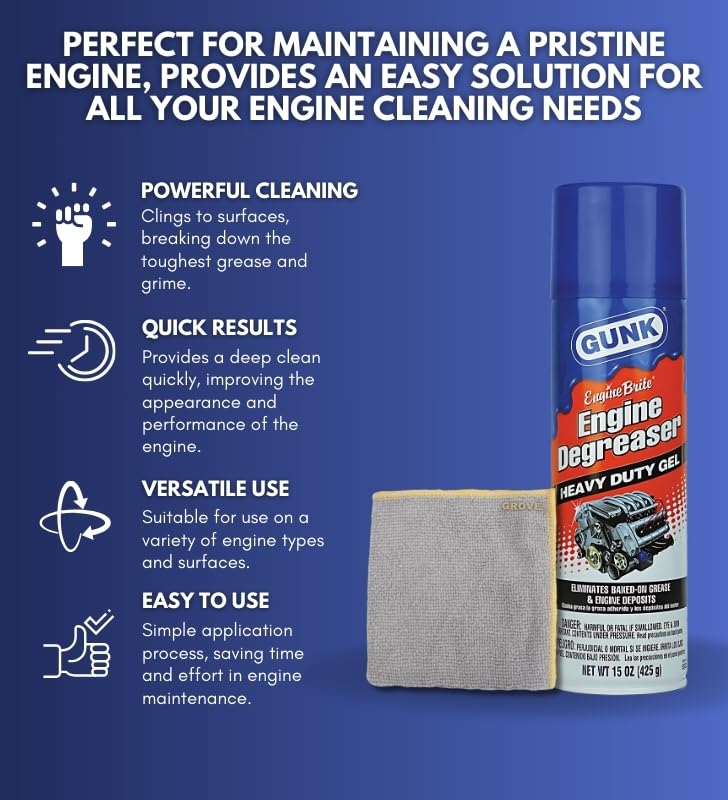 Gunk Engine Degreaser Gel 15 oz Bundle with Microfiber Cloth - Heavy Duty Engine Cleaner for Removing Baked-On Grease and Oil from Hot Engines - (2 Items)