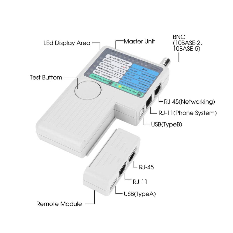 Network Cable Tester LAN Cable Test 4 in 1 Remote Control Tester Portable LAN Network Cable Tester Meter USB BNC Cable Tester for UTP STP RJ11 RJ45 Remote Cable Tester
