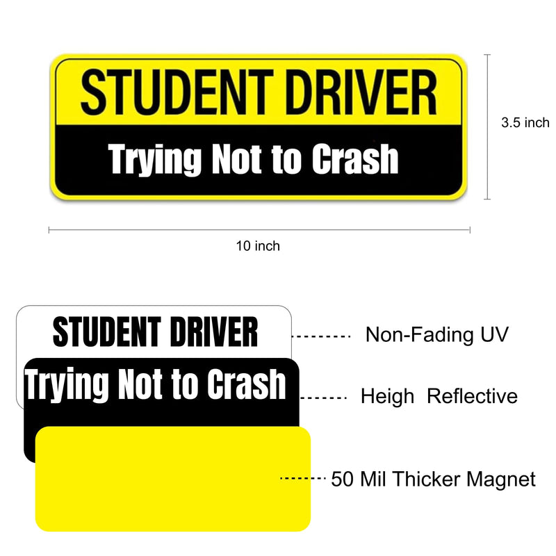 Student Driver Magnet for Car - 2-Pack Reflective Funny Magnetic Bumper Sticker Set - Removable Novice Driver Safety Attention Sign - Weather-Resistant 10 x 3.5 Yellow-black