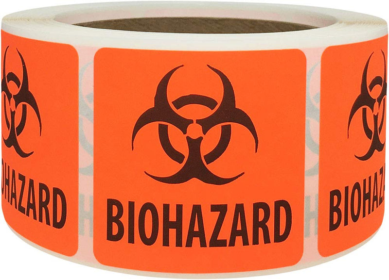 Fluorescent Biohazard Safety Warning Labels, 2 x 2 Inch Square Stickers with Black Symbol, 500 Total Adhesive Labels on a Roll for Medical and Laboratory Use – Made in the USA
