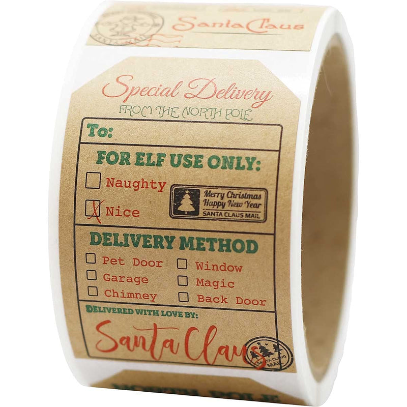 Santa's Delivery Christmas Gift Tag Stickers – 2 x 3 Inch Natural Kraft Holiday Labels – 100 Adhesive Gift Tags with Permanent Adhesive – Eco-Friendly Print, Made in the USA