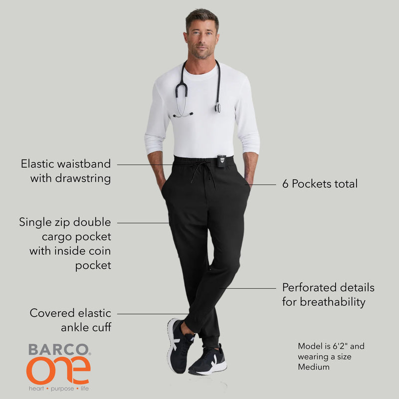 BARCO One Vortex Scrub Jogger for Men - Medical Cargo Pant, Eco-Friendly Fabric, 4-Way Stretch, Anti-Wrinkle Men's Scrub Pant Black X-Small