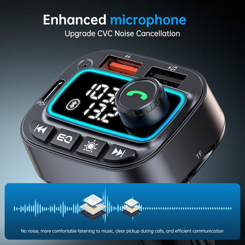 Bluetooth 5.3 Car Adapter FM Transmitter, 42W (PD30W & 12W) USB C Car Charger Wireless Radio Receiver, Hands-free Calling MP3 Audio Player Car Kit, Light Switch & Fast Charging & Deep Bass (Black) Black