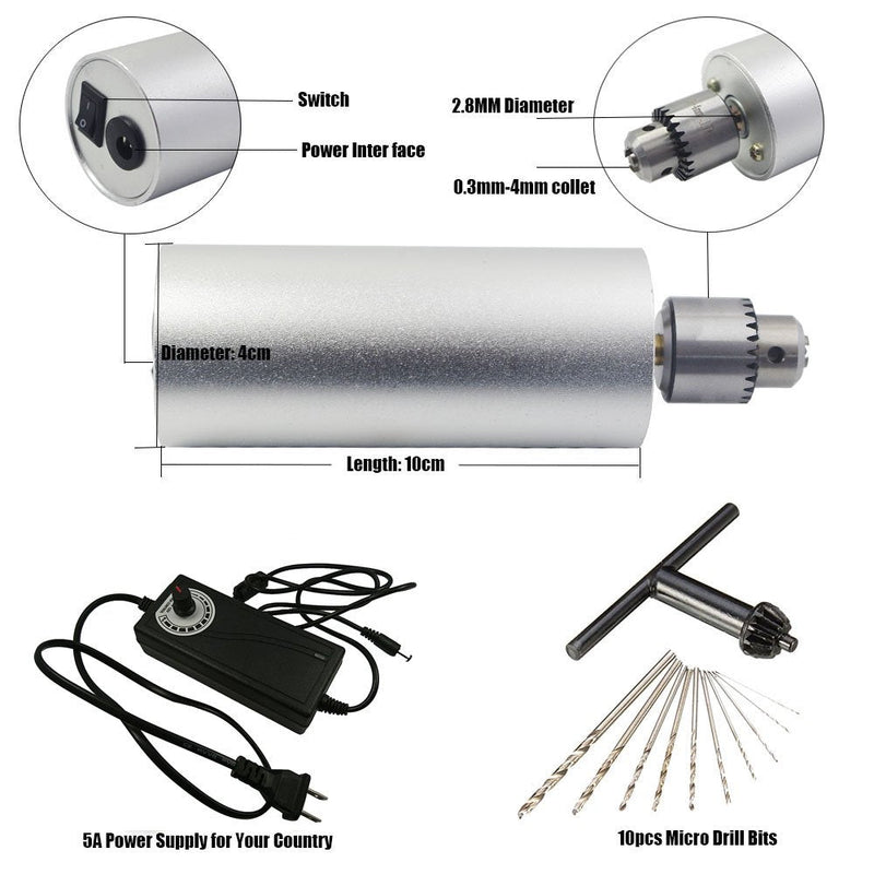 Yakamoz 0.3mm - 4mm Adjustable Micro Mini Electric Hand Drill Aluminum Portable Handheld Drill for DIY PCB with 5A DC5V-12V Power Supply Control | 10pcs Micro Drill Bits Included