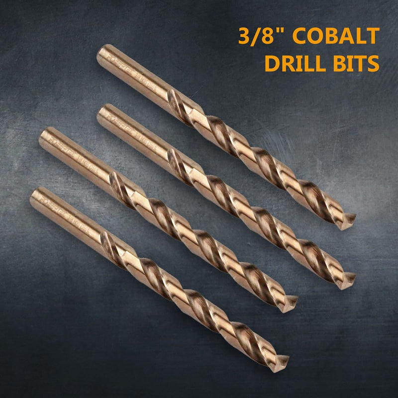 POWERTEC 3/8" Cobalt Drill Bits - 8 Pack - 5" Length - M35 HSS Jobber Length Twist Bits with 135° Tip for Drilling Wood, Metal, Stainless Steel, Nickel Alloy, Cast Iron & Plastic (QDB2011-P2) 3/8", 8PK