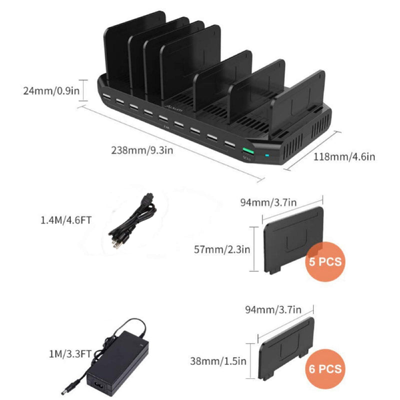 Alxum USB Fast Charging Station with Quick Charge 3.0, 10 Port Charging Stand for Multiple Devices, Compatible with iPad, iPhone, Samsung Galaxy, Black
