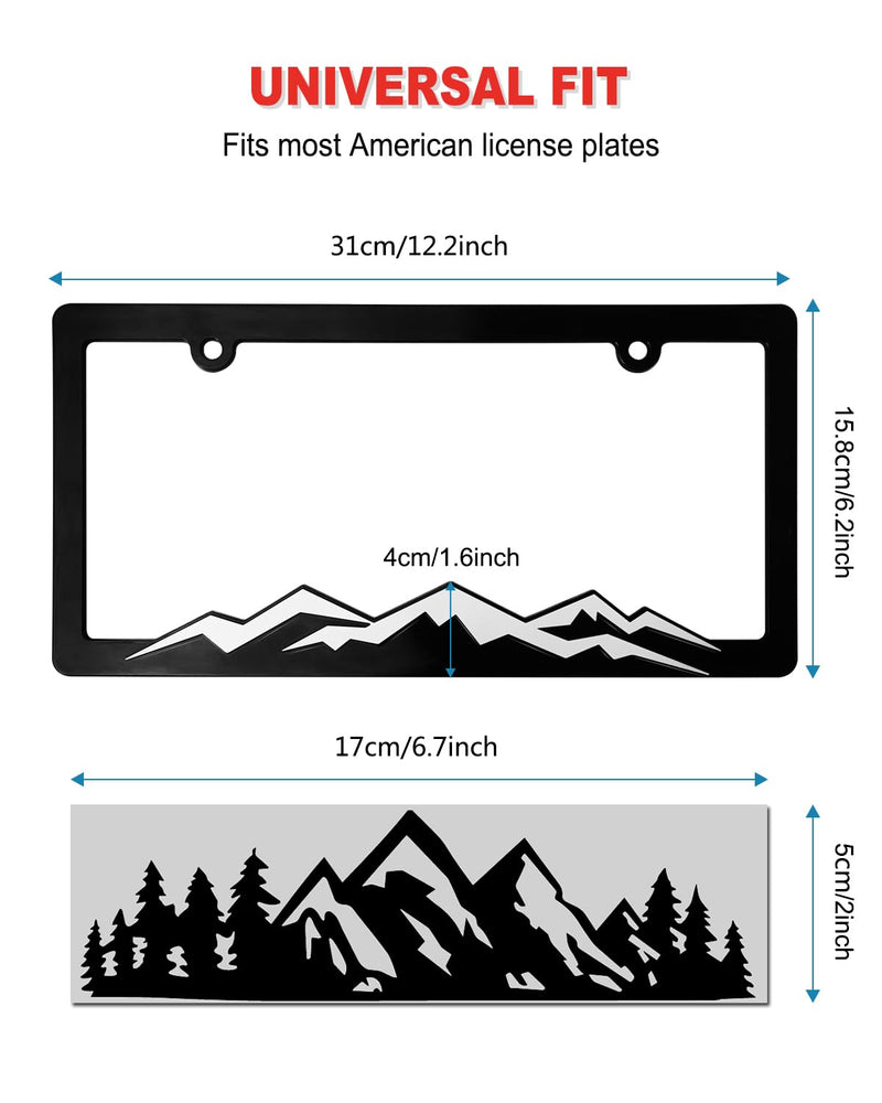 Mountain License Plate Frames- Plastic Black Car Tag Holder Bracket with Screws Caps, 2 Packs 2 Hole, White on Black, Mountain Vinyl Sticker Included