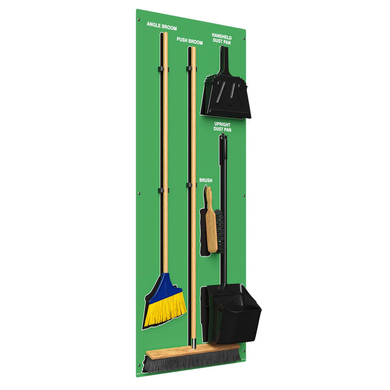 Clean & Sweep 5S Shadow Board/Wall Mount Broom Holder, 68" x 30" Board, 5S Cleaning Station - with Broom and Dustpan Set Included, Made in The USA by AccuformNMC, Green/Black, PSB616GNBK