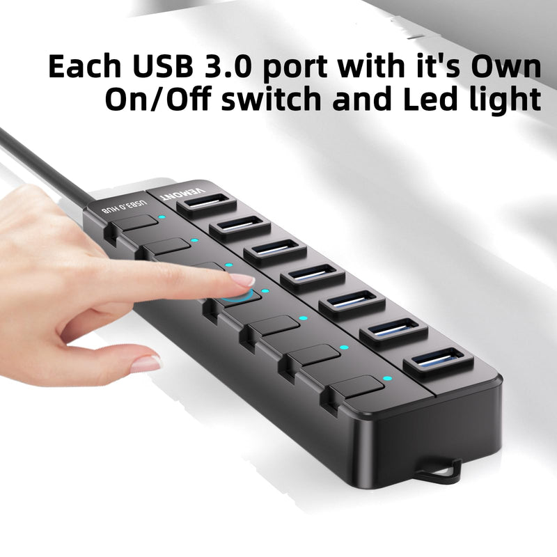 VEMONT 7-Port USB 3.0 Hub (Equipped with a 4-Foot Data Cable, Individual Switch, and Indicator Light, it Supports Data Transfer speeds of up to 5Gbps) Suitable for Desktop Computers and laptops.
