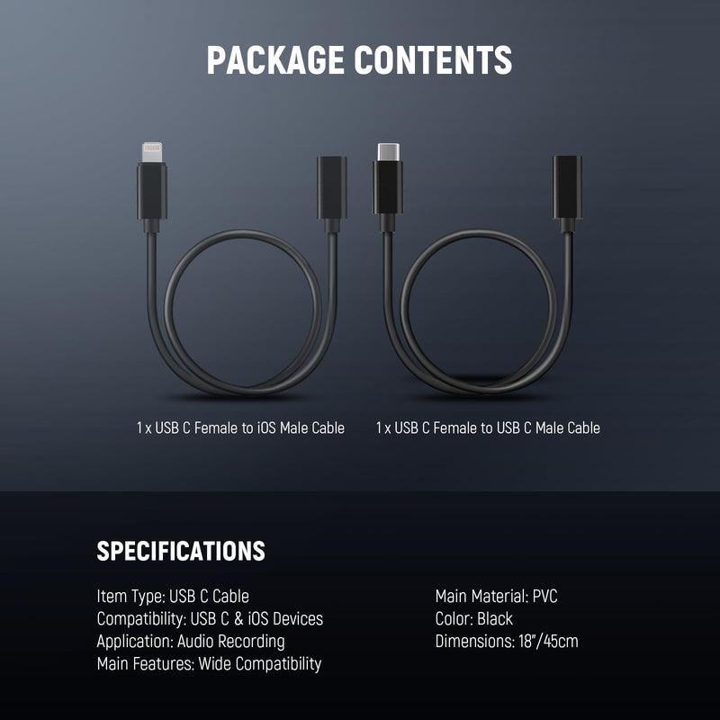 NEEWER 2 Pack OTG Adapter Cable Set, USB C Female to Type C Male + USB C Female to iOS Male, Compatible with iPhone iPad Android KM17 KM15 KM18 KM23 Wireless Microphone, 18"/45cm, LM7