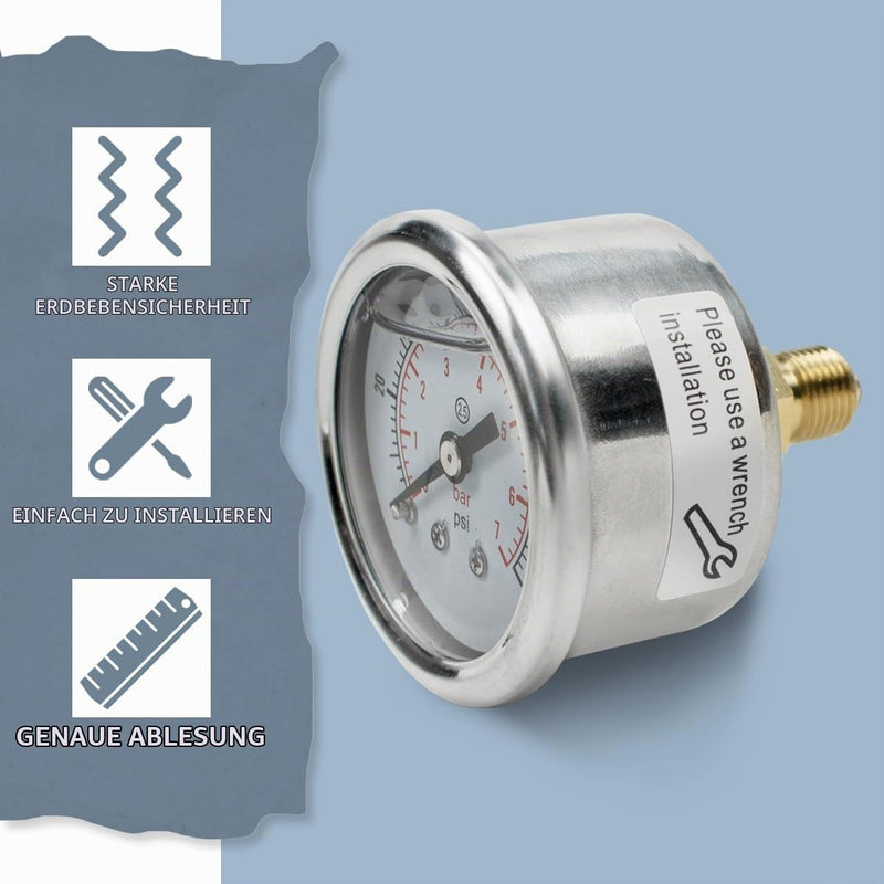 1-Pcs 40 mm Pressure Gauge BSP 1/8 Inch 0-7 Bar 0 ~ 100 Psi with 3 Pieces Socket 1/8 Inch to 1/4 Inch, 1/8 Inch to 3/8 Inch and 1/8 Inch to 1/2 Inch and Teflon Tape, Axial 40MM, 7bar(100psi)