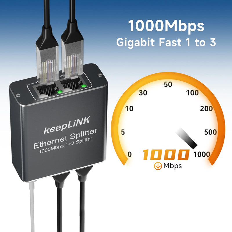 Gigabit Ethernet Splitter 1 to 3, Network Splitter with USB Power Cable, 1000Mbps RJ45 Internet Adapter 1000Mbps High Speed for Cat 5/5e/6/7/8 Cable Metal Case