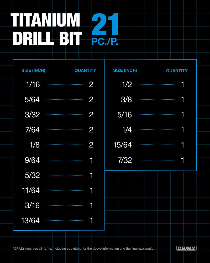 CRALY 21-Piece Cobalt Drill Bit Set, M35 HSS Titanium Coated Jobber Length Twist Drill Bits, Dash Tip & 135 Degree Split Point, 3-Flat Shank, for Hard Metal, Stainless Steel, Cast Iron, Plastic 21-Piece Pack
