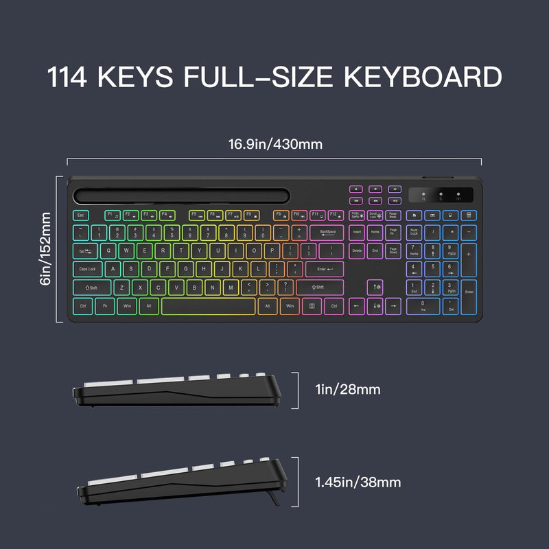 Wireless Keyboard with 7-Color RGB Backlit, Full-Size Computer Keyboard with Phone Tablet Holder, Rechargeable 2.4G Wireless Gaming Keyboard with Light Up Key, Compatible with Mac, Windows