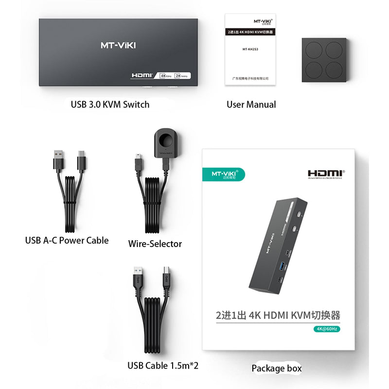 MT-VIKI USB 3.0 KVM Switch HDMI, (3 USB-A+ 1 USB-C), 4K@60Hz/2K@144Hz KVM Switcher, 2 Computers 1 Monitor KVM with 4 USB 3.0 Port
