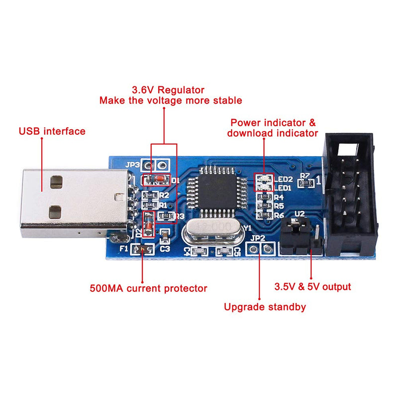 KeeYees Pack of 2 downloader programmers for USBASP for ISP with cable and 10-pin to 6-pin adapter board for 51 for AVR series microcontrollers