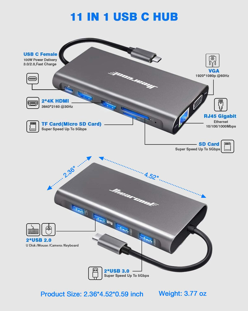 Hiearcool USB C Hub, USB-C Laptop Docking Station, 11IN1 Triple Display Type C Adapter Compatible for Dell Hp Lenovo Windows (2HDMI VGA PD3.0 SD TF Card Reader Gigabit Ethernet 4USB Ports) Space Grey