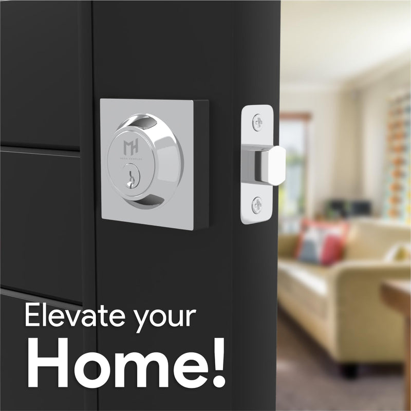 Mega Handles Laura Deadbolt Lock - Heavy Duty Square Locking Deadbolt for Left Or Right-Handed Doors, Dead Bolt Locks for Interior Doors & Exterior, Screws Included - Polished Chrome 1